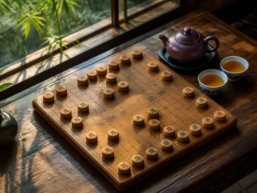 A 9×10 xiangqi board with palaces, the river, and red and black pieces
