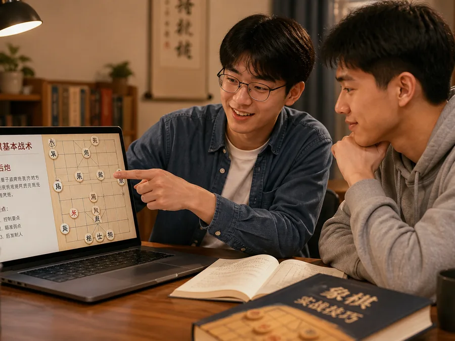 Two people watching xiangqi on a computer